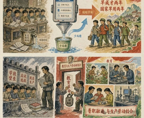 毛主席一九六六年《五七指示》里那句"学制要缩短,教育要革命,资产阶级知识分子统治我们学校的现象,再也不能继续下去了",放到今天照镜子,还是晃眼的那句话。
