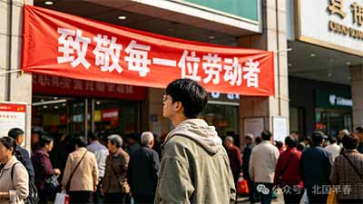 横幅背后——在“致敬劳动者”的标语下