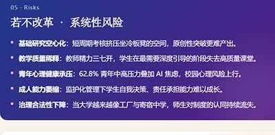 当前中国高校生态中领导工头化、教师牛马化、学生儿童化的三重角色异化并非孤立现象,而是行政权力扩张、功利化评价、资源分配失衡、就业压力传导与监护式管理相互耦合形成的系统性困境。