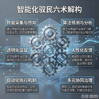 “智能化驭民六术”将战国法家商鞅的古代统治术(弱、愚、疲、辱、贫、虐)与现代数字技术类比解构,其核心逻辑是探讨算法、大数据和人工智能如何以“高效治理”之名实现对社会个体的无限精细化的控制与行为规训。