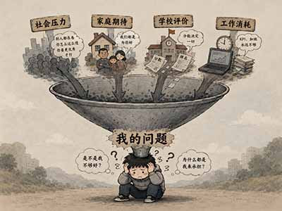 “停止责怪自己”是一个起点而非终点。真正重要的是，尝试让那些被说成“只是我自己的问题”的经验，重新进入我们关于家庭、学校、劳动和公共生活的讨论之中。