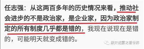 像任某强这样的人，由于自己的财富来源问题（胡锡进所说的原罪）缺乏安全感，因此他呼吁中国的“企业家们”要成为中国的洛克菲勒，“帮助”中国建立一套“很好的社会制度”，这样自己的财富才能够世世代代的继承下去。